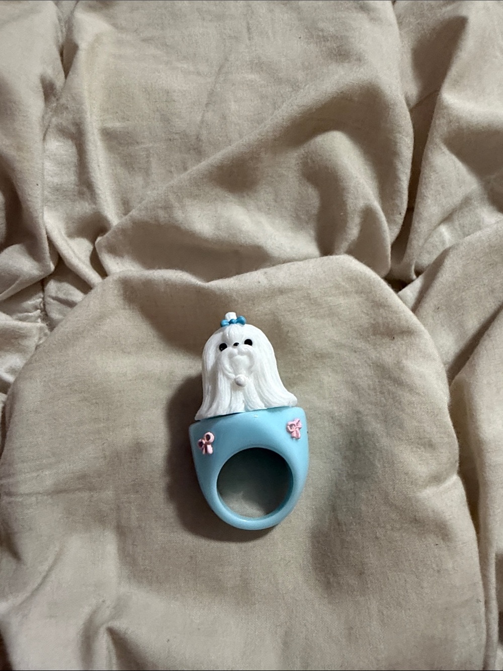 Free People Blue and White Resin Maltese Dog Bow Statement Ring Coquette Chic